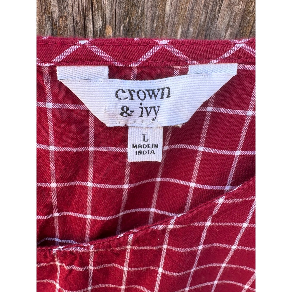 Crown & Ivy Red Plaid Embroidered Long Sleeve Blouse Top Large Boho Cottagecore - Picture 3 of 8
